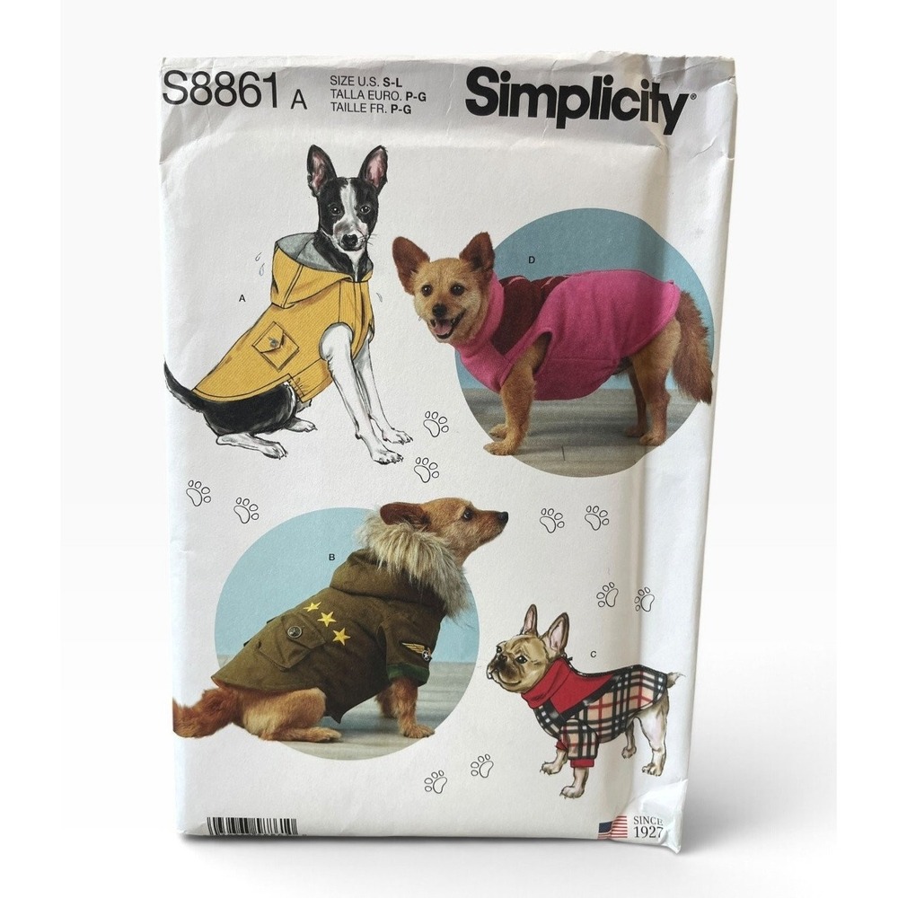 Simplicity Sewing Pattern S8861 Dog Coats Jackets Unisex S-L Multi-Style Uncut